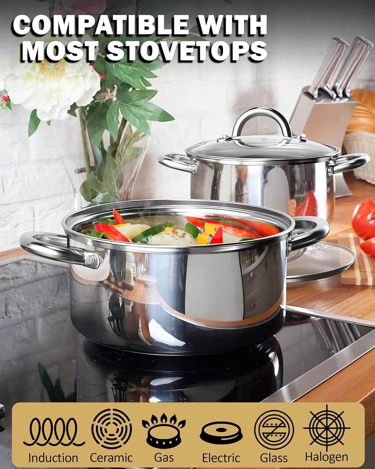 Cook N Home Sauce Pot Stainless Steel Stockpot with Glass Lid, Basic Saucier Casserole Pan Set, 6 Piece Set