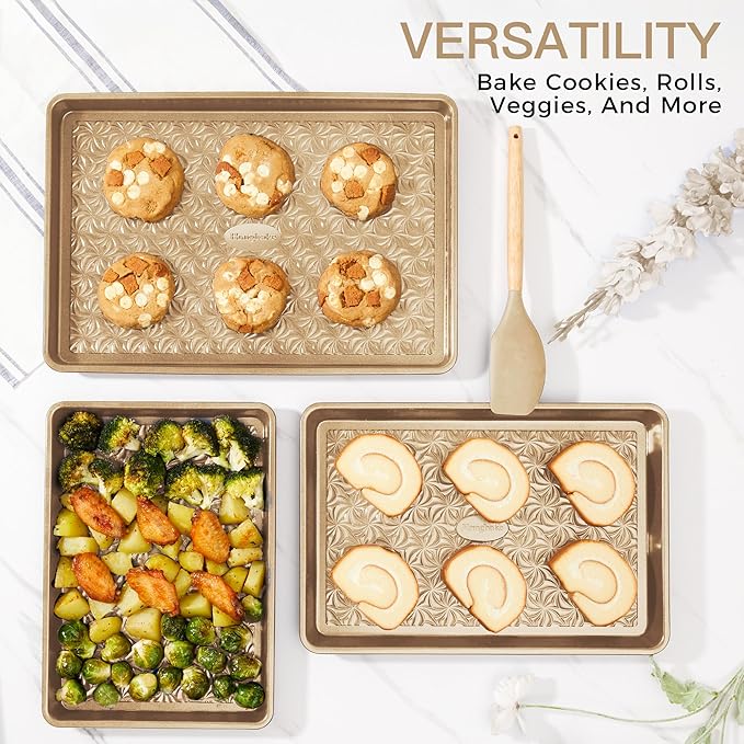HONGBAKE Nonstick Baking Sheet Pan Set of 3, Cookie Sheets for Oven, Non-Toxic Half/Quarter/Jelly Roll Pans with Floral Swirl Texture, Heavy Duty 0.8mm Thick Oven Trays for Cooking, Antique Gold