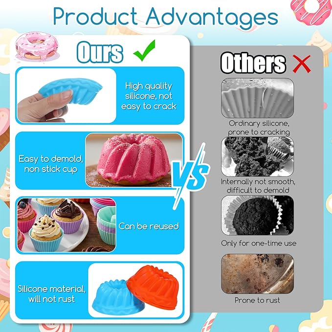 52 Pcs Single Silicone Donut Molds, 4 Styles Silicone Molds for Baking Small Reusable Non-Stick Baking Cups for Donuts, Muffins, Cupcakes, Jellies, Bagels (Multicolor)
