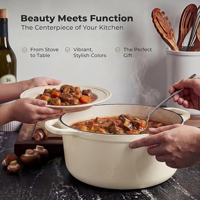 Zulay Kitchen 7.7 Quart Enameled Cast Iron Dutch Oven Pot with Lid – Premium Durability & Oven Safe up to 500°F – Heavy Duty Cookware Perfect for Bread Baking, Stews, Braising & Roasting – Ivory