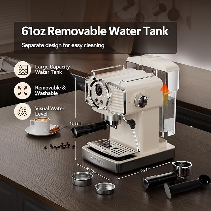SUMSATY Espresso Machine 20 Bar, Professional Espresso Maker with Milk Frother Steamer Wand, Retro Coffee Maker Cappuccino & Latte Machine for Home, 1.8L Removable Water Tank, Off-white