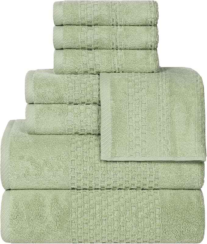 Superior Playa Zero Twist Cotton Medium Weight Towels, for Guest Bath, Bathroom, Shower, Spa, Plush, Quick Dry, Ultra-Soft Towels, Bath Essentials, Waffle Textured, 8 Piece Assorted Towel Set, Green