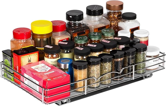 Pull-Out Cabinet Spice Rack Organizer - Slim Slide-Out Storage for Spices, Bottles & Jars, Premium Heavy-Duty Steel, Easy Install for Narrow Kitchen Cabinets - 18 ⅜ W x 10 ½ D x 2 ¾ H, Chrome