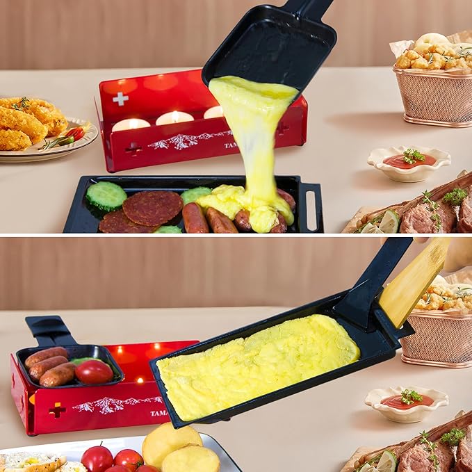 TAMARIT 2-Person Raclette Grill - Portable Candlelight Raclette Cheese Melter with Enamel Baking Tray & Non-Stick Pans - Compact Raclette Machine for Romantic Dinner, Picnic, BBQ, Camping, Red