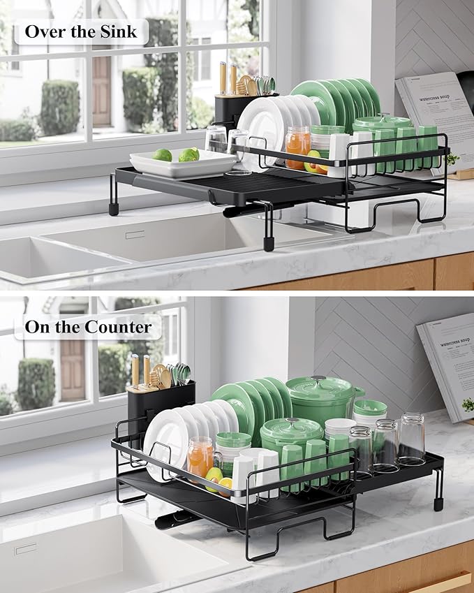 Kitsure Extendable Dish Drying Rack - Adjustable Length 12.8"–21.0", Auto-Draining Dish Rack for Kitchen Counter, Rust-Resistant Metal Frame Over-Sink Support for Plates, Bowls & Utensils, Black