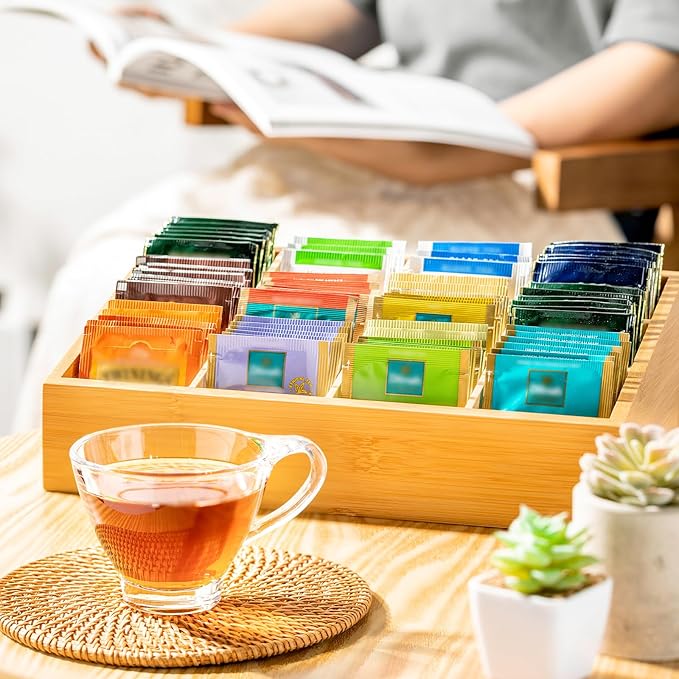TIMIEEYA Tea Bag Organizer - Bamboo Tea Storage Organizer With 12 Compartments, 1 Layer Tea Organizer for Tea Bags Natural Bamboo for Countertop Office Kitchen Cabinet Pantry