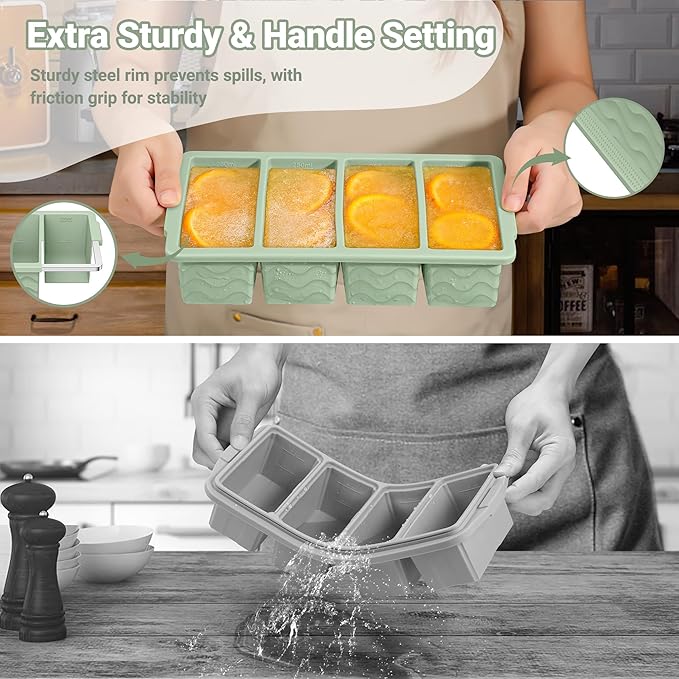 Doasuwish Silicone Freezer Tray for Soup with Lid – 1-Cup Soup Container Cube Style Ice Cube Trays for Freezer, Meal Prep & Food Storage, Freeze 250mL/125mL Portions – 2 Pack