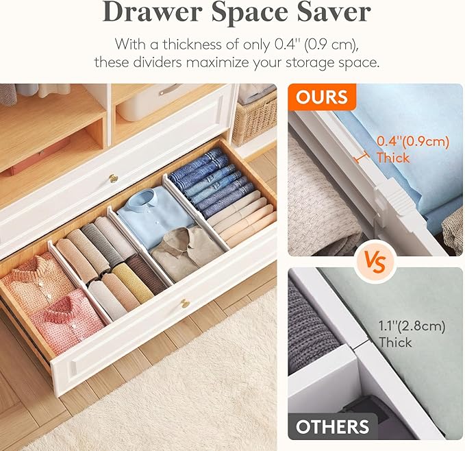 Lifewit 6" Tall 5 Pack Drawer Dividers, 30-47cm/11.5-18.5" Expandable Drawer Divider for Clothes, Adjustable Dresser Drawer Organizers, Drawers Separators for Dresser/Bathroom/Closet/Kitchen White