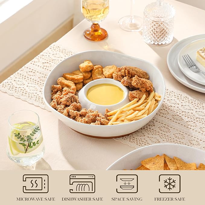 MALACASA Ceramic Chips and Dip Serving Tray, 12 Inch Large Divided Bowls Set for Salsa, Veggies & Dip, Appetizers, Snacks, Free-Form Serving Dish Platter for Parties Hosting & Entertaining, White