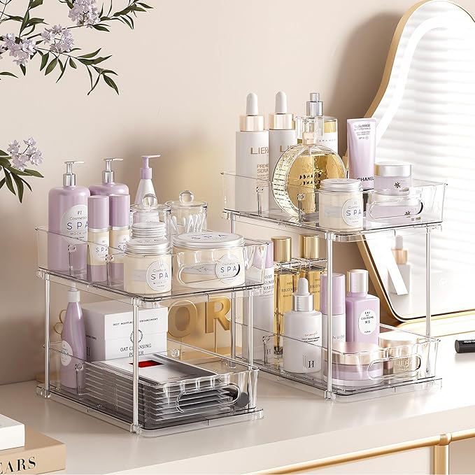 Delamu 2 Tier Snap-Lock Bathroom Under Sink Organizers and Storage, Multi-Purpose Cabinet Drawers with Movable Dividers, Pull Out Organization for Countertop, Kitchen and Pantry(Clear, 4 Pack)