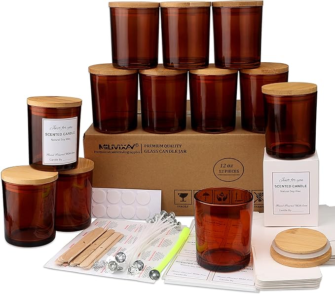 MILIVIXAY 12 Pack 12 OZ Amber Glass Candle Jars with Lids and Candle Making Kits - Bulk Empty Candle Jars for Making Candles - Spice, Powder Containers.
