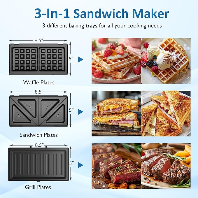 Sandwich Maker Panini Press Grill, 3 in 1 Electric Waffle Maker with Removable Non-stick Plates, Glass Top, Cool Touch Handle & Easy to Clean, 1000W