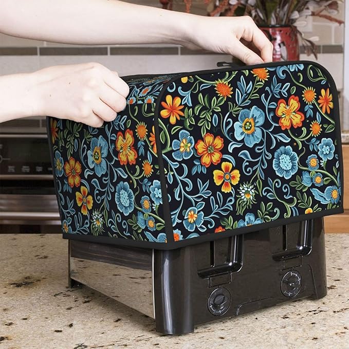 Blue Floral Covers for 4 Slice Toasters,Cute Country Bread Machine Cover with Handle,Washable Stain Resistant Kitchen Small Appliance Cover Dining Decor