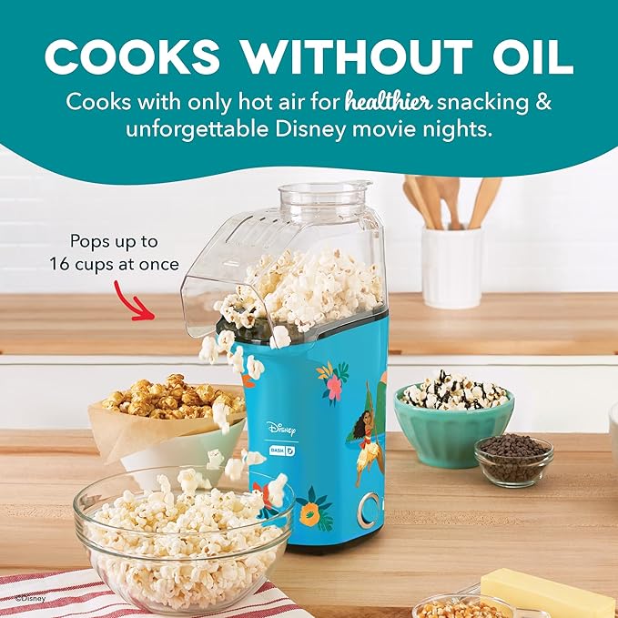 Disney Dash Fresh Pop Popcorn Maker - Oil-Free, Air Popcorn Popper - With Measuring Cup & Recipe Guide - Perfect for Movie Nights - 16 Cups, Moana