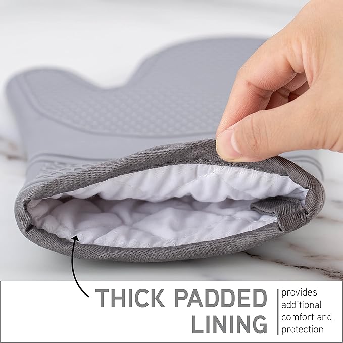 COOK WITH COLOR Silicone Oven Mitts- Heat Resistant Gloves with Soft Quilted Lining Oven Mitt Pot Holders for Cooking and BBQ, Gray, Mitt Set
