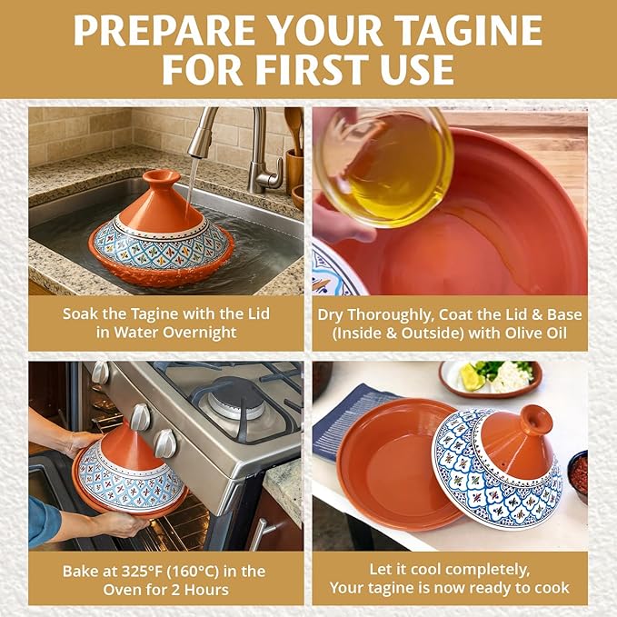 Kamsah Tagine Pot for Cooking and Flavor Enrichment - Medium Clay Pot 10”, 3.1 QT - Non-Stick Handmade Cookware - Moroccan Ceramic Pots for Cooking with Lid & Serving Bowl - Bohemian Classic Blue