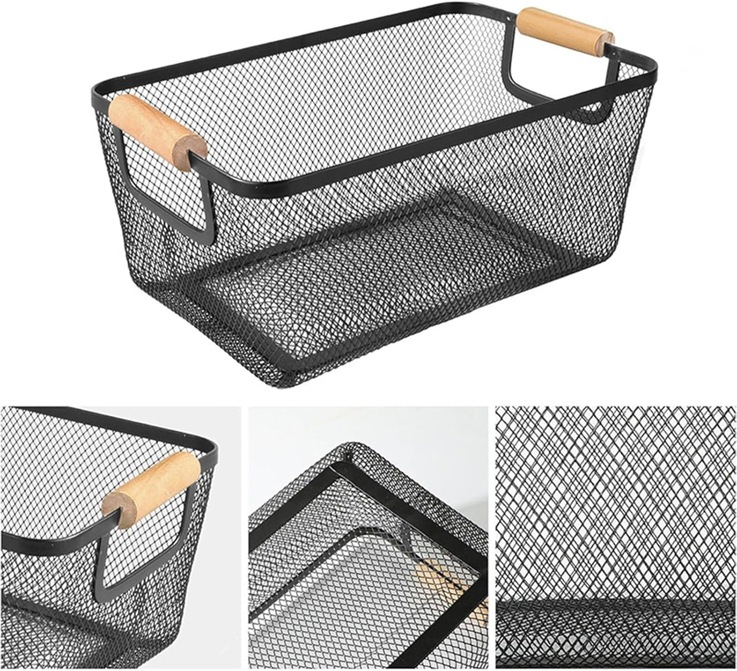 Metal Mesh Steel Basket, Large Wire Storage Organizer Basket Multi-function Hanging Kitchen Baskets with Wood Handle for Kitchen Bathroom Picnic Home, Rectangle-Black