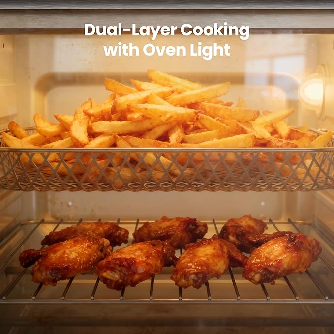 Kismile 25QT Air Fryer Toaster Oven Combo, 12-in-1 Countertop Convection Airfryer Oven, Adjustable 70–450℉ Temperature, Bake, Reheat & Broil, Fits 12″ Pizza, Complete Accessories Included, Silver
