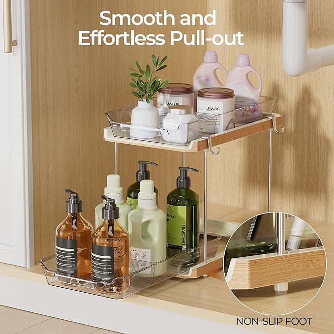 Delamu 2 Tier Bathroom Under Sink Organizers and Storage with Hook, Multi-Purpose Cabinet Drawers with Movable Dividers, Pull Out Organization for Countertop, Kitchen and Pantry(Wood Grain, 4 Pack)
