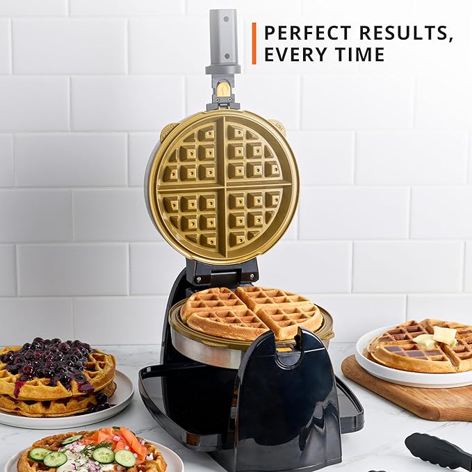 KRUPS Waffle Maker, Rotating Belgian Waffle Maker, 180° Flip Waffle Iron, Ceramic Non-Stick Plate, 3 Browning Control Levels, Foldable Cool Touch Handle, Removable Drip Tray, Stainless Steel