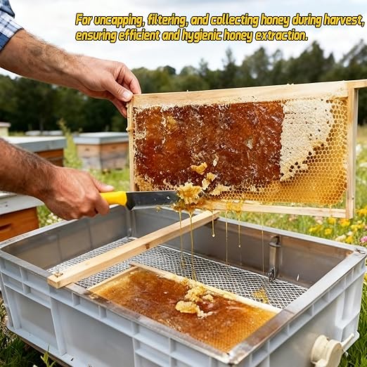 Honey Extractor Kit, Beehive Uncapping Station Food-Grade Stainless Steel PE Plastic Dual Uncapping Modes Fine Filter Anti-Spill with Wooden Strip for Home Small-Scale Commercial Apiaries