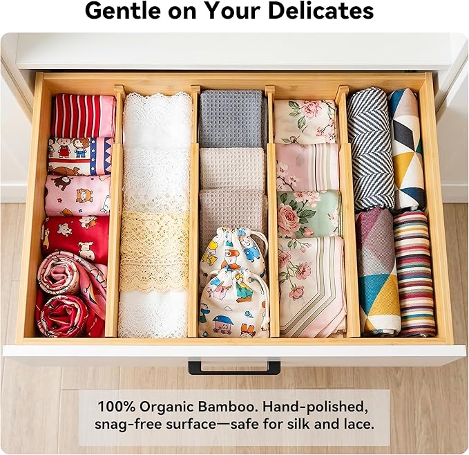 4 Pack Deep Drawer Dividers, 8" High Bamboo Expandable Drawer Organizers, 17-22" Adjustable Tension Separators, Large Drawer Dividers for Kitchen, Bedroom Dresser, Baby Nursery & Bathroom