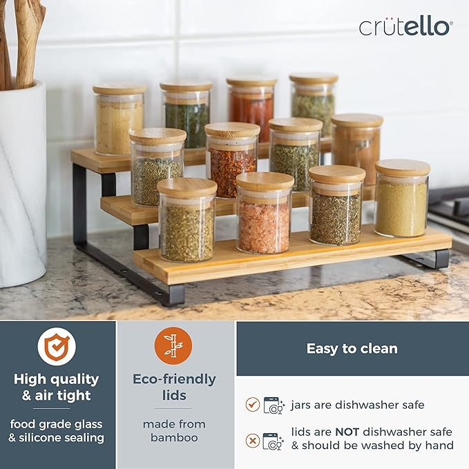 Crutello 20 Pack 2.5 Oz Mini Spice Jars with Bamboo Lids, Dishwasher Safe Jars for Spices, Honey, Beans, Rice, Party Favors | Crutello is a Family-Owned American Brand