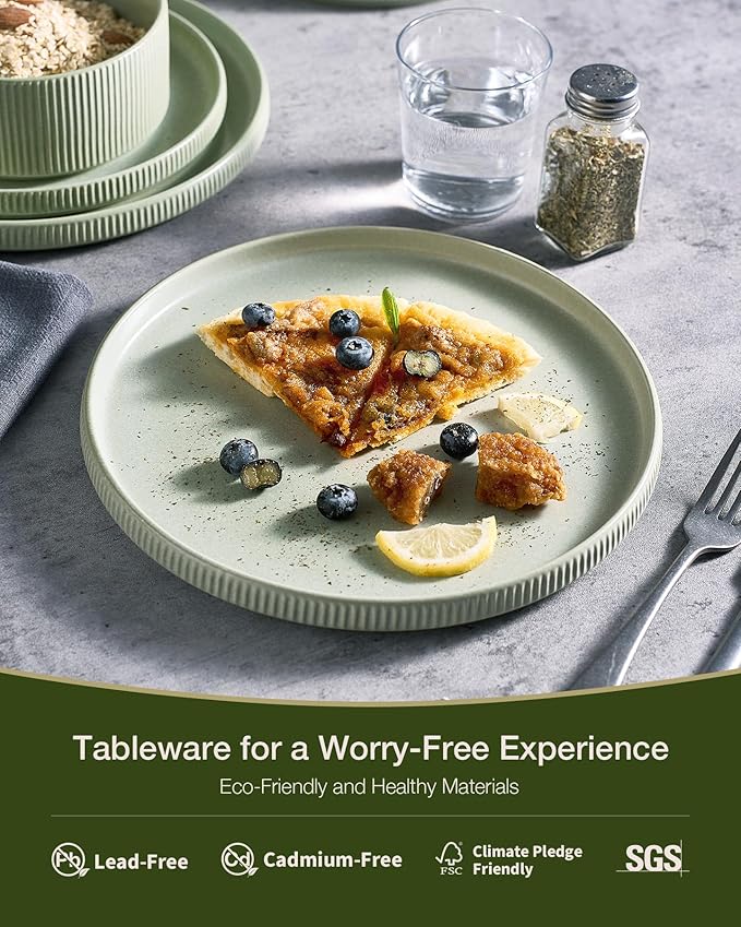 Famiware Star 24-Piece Stoneware Dinnerware Sets for 6 - Shallow Pasta Bowls & Flat Plates, Modern Rustic Reactive Glaze Dishes, Chip & Scratch Resistant, Microwave & Dishwasher Safe, Matte Sage Green