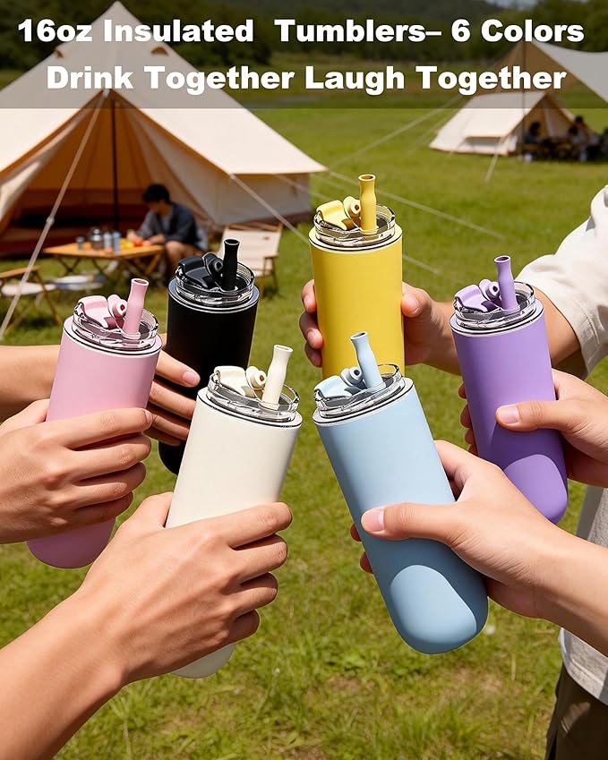 6 Pack 16 oz Insulated Coffee Tumblers, Travel Coffee Tumblers with Straw, Double-Wall Stainless Steel Tumbler, Leak Proof Tumbler, Reusable Cups with Lids for lced and Hot Drinks
