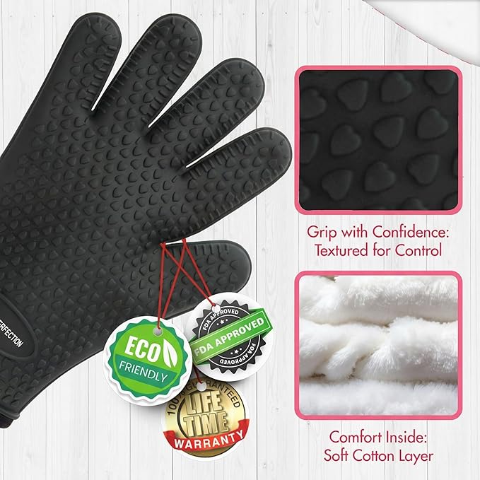 KITCHEN PERFECTION S Silicone Smoker Oven Gloves for Women -Extreme Heat Resistant BBQ Gloves -Handle Hot Food Right on Your Grill Fryer |Waterproof Oven Mitts for Cooking |Superior Set+3 Bonuses