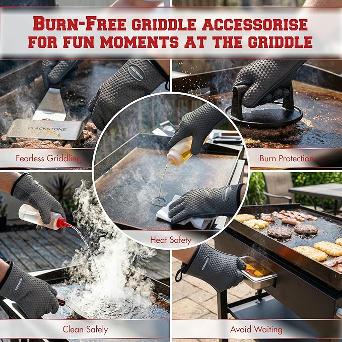 KITCHEN PERFECTION XL Silicone Oven & Griddle Gloves -Extreme Heat Resistant BBQ & Grilling Gloves -Handle Hot Food Right on Your Griddle |Waterproof Oven Mitts Grill Gloves |Superior Set+3 Bonuses
