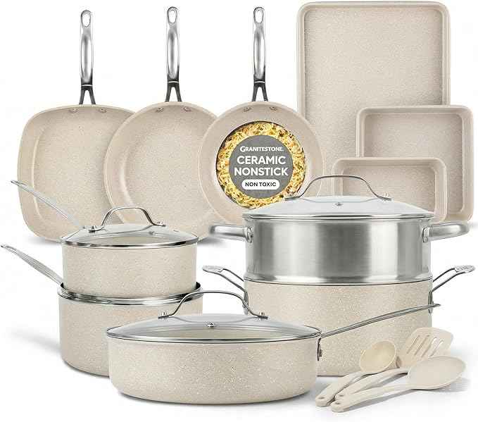 Granitestone Ceraluxe 20 Pc Nonstick Ceramic Cookware Set, Diamond Infused Pots and Pans Set with Bakeware, Utensils & Steamer, Non Toxic Kitchen Cookware PFOA PFOS Free, Oven & Dishwasher Safe