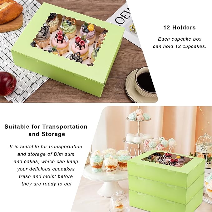 Hoewina 6PCS Cupcake Boxes - Hold 12 Count Cupcake Containers with Window, Food Grade Cupcake Holder Easy Transport and Presentation - Ideal for Cupcakes, Desserts, and More (Light Green)