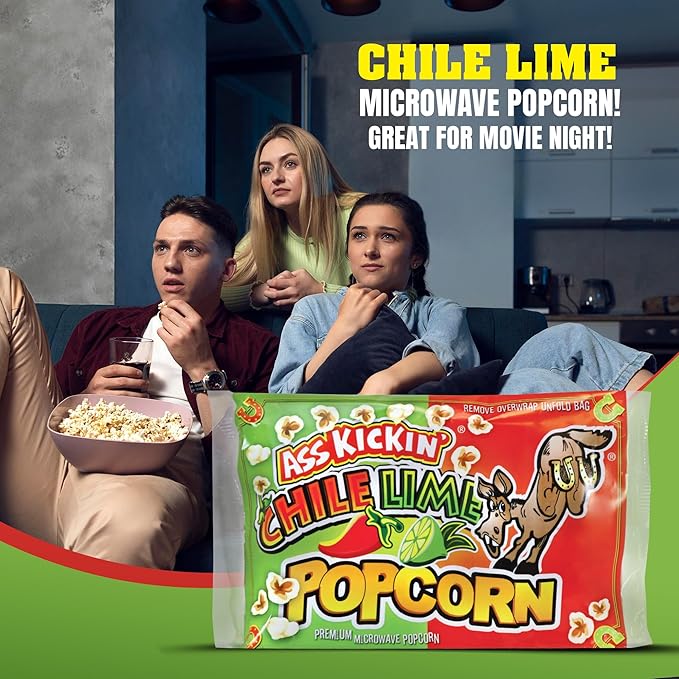 ASS KICKIN' Chile Lime Microwave Popcorn Bags - 6 Pack - Ultimate Spicy Popcorn Gourmet Gift - Makes a Great Movie Theater Popcorn or Snack Food for Movie Night