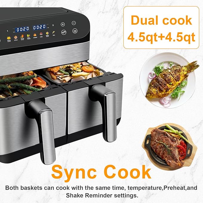 9.5 Quart 8-in-1 DualZone 2-Basket Air Fryer with 2 Independent Frying Baskets, Match Cook & Smart Finish to Roast, Broil, Dehydrate & More for Quick, Easy Meals, Black