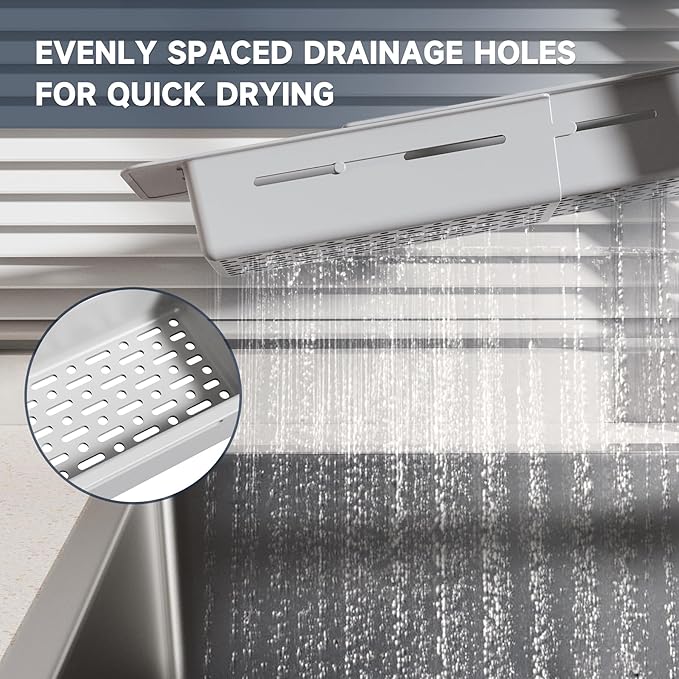 NiHome Extendable Over Sink Kitchen Organizer, Small Telescopic Brush Storage Rack for Sponge, Non-Slip Pads Expandable Sink Caddy, Adjustable Sponge/Brush Rack with Drainage Durable ABS (Gray)