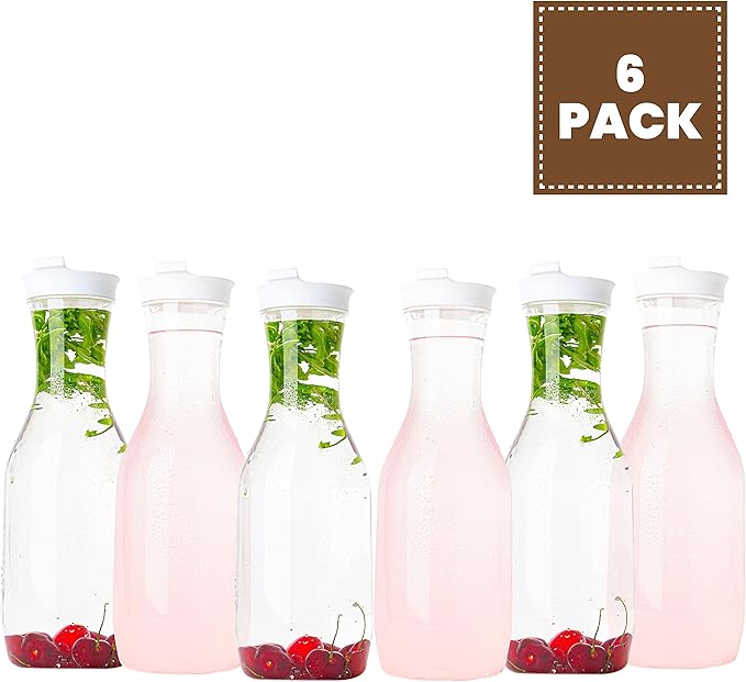 Clear Plastic Water Pitchers Carafes with Flip top White Lids 50 OZ Heavy Duty Beverage Pitcher Jug for Juice or iced Coffee Great for Mimosa bar Restuarants ot Schools Pack of 6