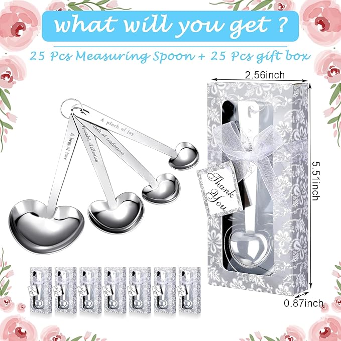 25 Set White Heart Shaped Measuring Spoons Stainless Steel Measure Tea Spoons Bridal Shower Wedding Gift Birthday Tea Party Souvenirs for Guests with Individual Package(Lovely)
