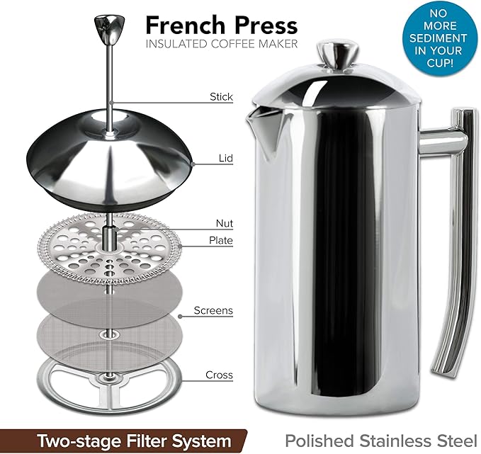 Frieling Double-Walled Stainless-Steel French Press Coffee Maker, Polished, 23 Ounces