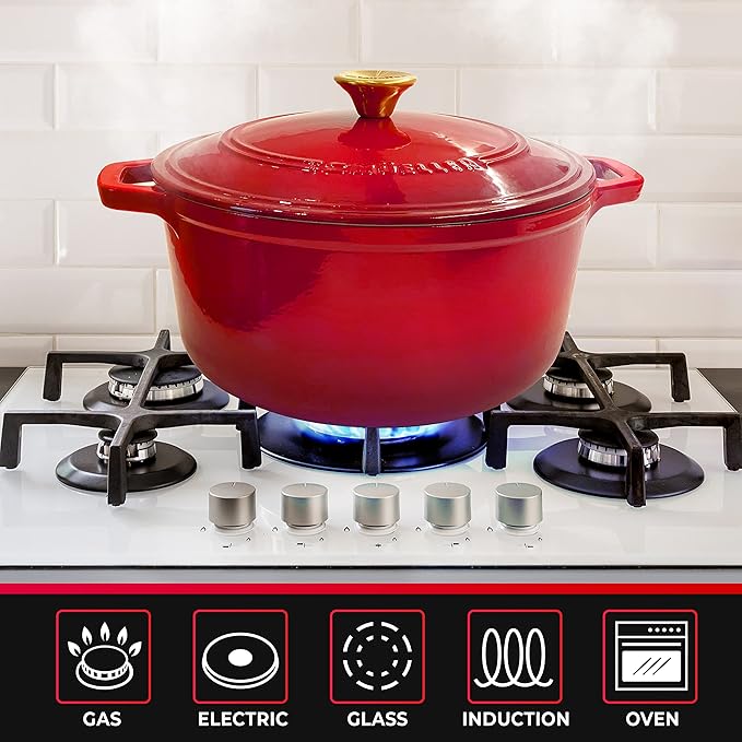Mueller 6qt Enameled Cast Iron Dutch Oven, Heavy-Duty Casserole and Braiser Pan with Lid and Knob, Oven-Safe up to 500° F & Across All Cooktops, Red