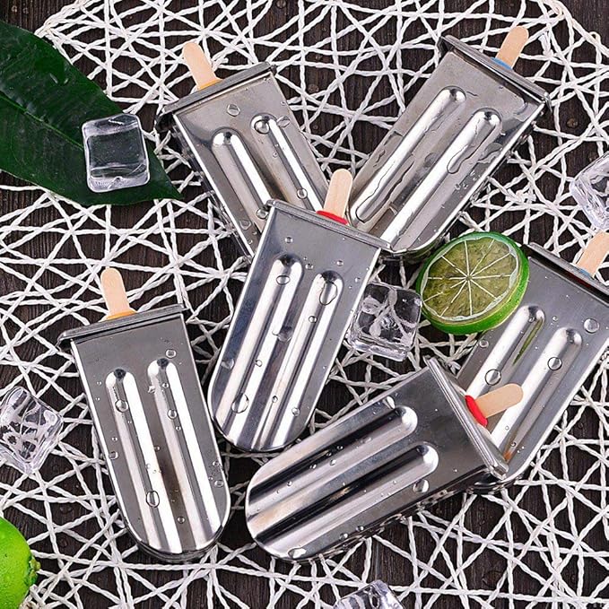 6 Pcs Stainless Steel Popsicle Molds, Ice Pop Molds with Holder, Stainless Steel Reusable Homemade Popsicle Maker with 50 Wooden Sticks and 6 Silicone Seals and 20 Pop Bags, Cleaning Brush