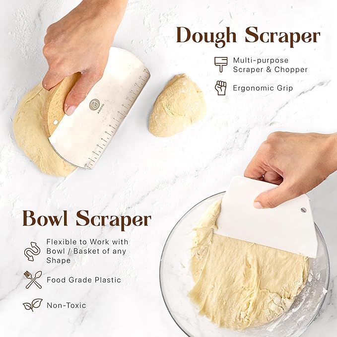 Banneton Bread Proofing Basket Set with Sourdough Bread Baking Supplies, A Complete Sourdough Starter Kit with Bread Lame, Danish Whish, Bowl & Dough Scraper, 2 Bread Slings, and Baking Mat