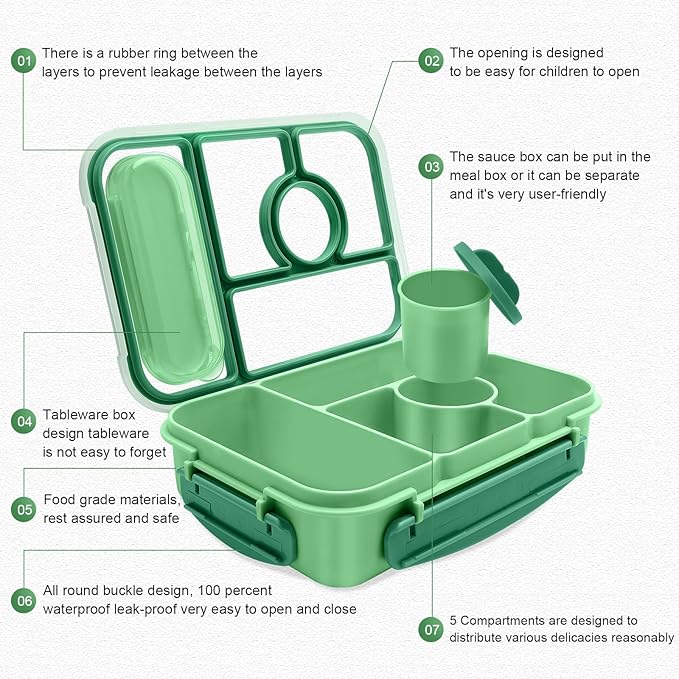 Amathley Bento Box Adult Lunch Box Kids,Lunch Containers for Adults/Kids/Toddler,5 Compartments Bento Lunch Box with Sauce Vontainers,Microwave & Dishwasher & Freezer Safe,BPA-Free (Green)