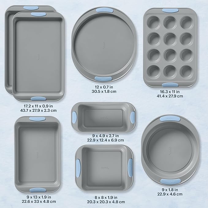 Pyrex (8-Piece) Metal Bakeware Set, Lightweight Stainless Steel Baking Trays with Heatsafe Silicone Handles, Cookie & Muffin Sheets, Round/Square Baking Pans, Cerulean