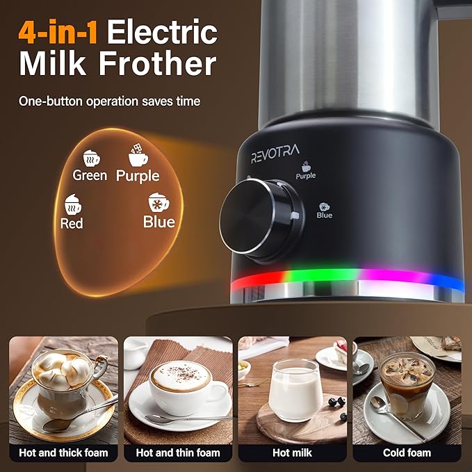 4 in 1 Milk Frother and Steamer, 500ml Electric Foam Maker with Dial Control & LED Indicator, Hot & Cold Milk Frother, Non-Stick Stainless Steel, Silent, Easy to Clean, for Coffee