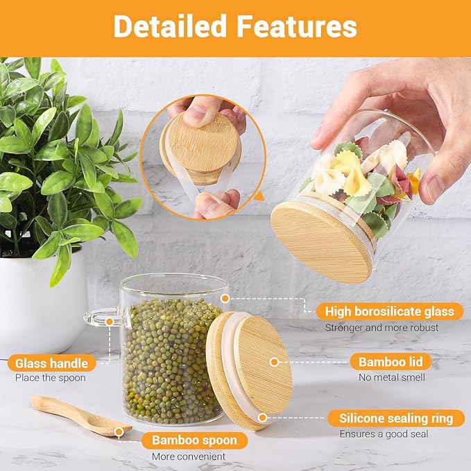 Glass Jar with Bamboo Lids and Spoon - 4 Pack 6 Fl.oz Round Glass Food Storage Jars with Airtight Lid, Includes Labels and Marker, Clear Coffee Sugar Container Set, Loose Tea Canister for Spice