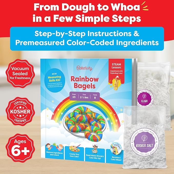 Baketivity Rainbow Bagel Kids Baking Kit - Baking Kits for Kids with Premeasured Ingredients, Step-By-Step Instructions, Video Guide, and STEM Lessons - Cooking for Ages 6-12+