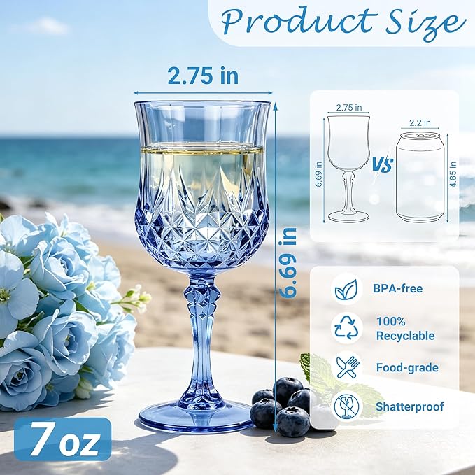 Plastic Wine Glasses, Plastic Goblets Vintage Style Cordial Unbreakable Drinking Glasses for Wedding Reception, Grand Event Party Supplies(48, Blue)