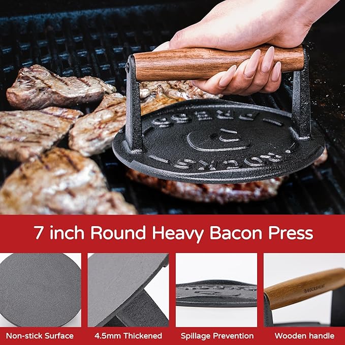 7 Inch Cast Iron Burger Press Set with Stainless Steel Spatula, Seasoning Shaker & Patty Papers - Heavy-Duty Smash Burger Maker for Griddle, BBQ & Camping