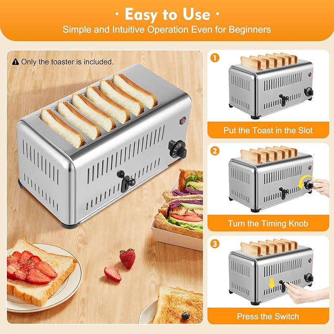 Stainless Steel 6 Slice Toaster, Electric Bread Baking Machine Commercial Toaster with Crumb Tray and Timer Bread Toasters for Home Kitchen Restaurant Bakery (2 Modes/1680W)